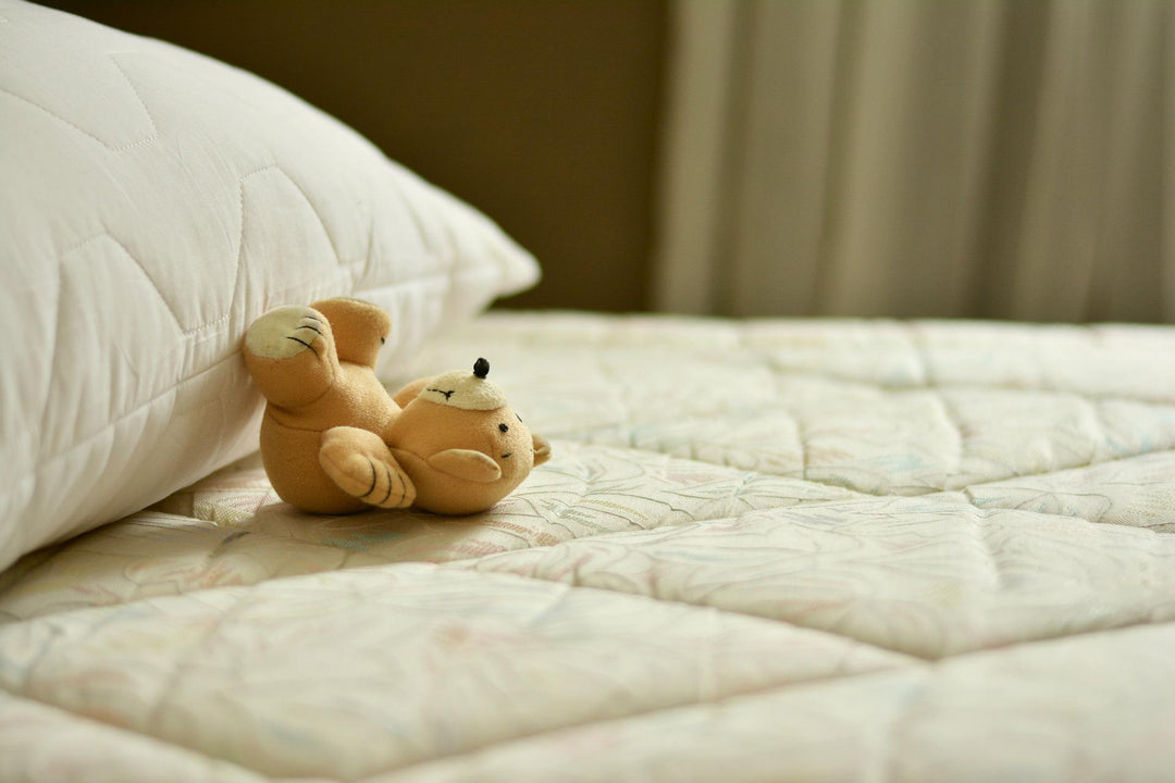 teddy bear on innerspring mattress with pillow