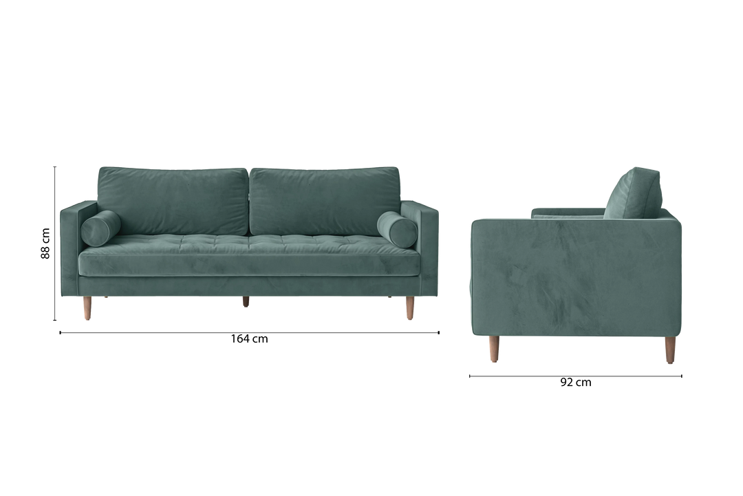 2 Seater Sofa Teal Velvet - W 164 cm x D 92 cm x H 88 cm