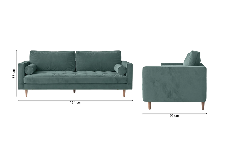 2 Seater Sofa Teal Velvet - W 164 cm x D 92 cm x H 88 cm