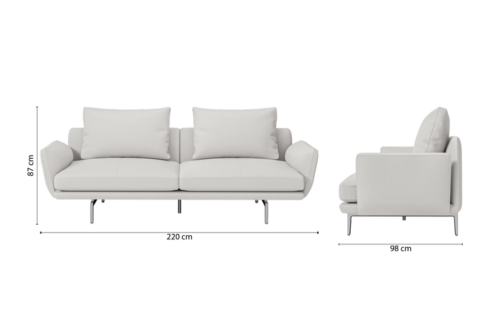 3 Seater Sofa White Leather - W 220 cm x D 98 cm x H 87 cm