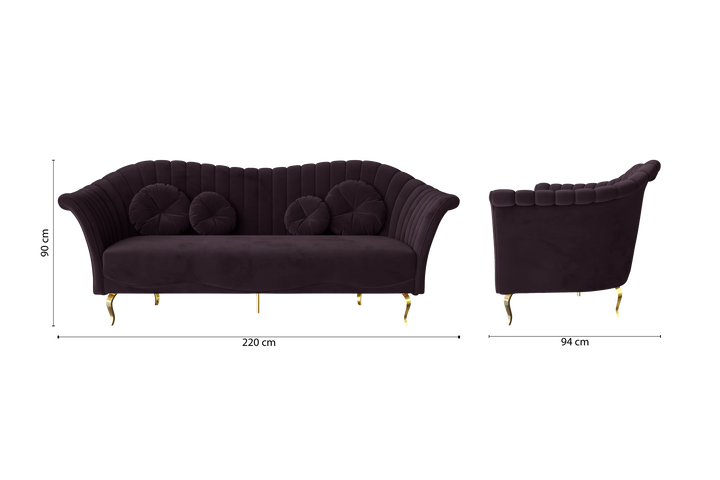 3 Seater Sofa Purple Velvet - W 220 cm x D 94 cm x H 90 cm