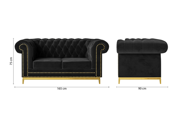 2 Seater Sofa Black Velvet - W 165 cm x D 90 cm x H 75 cm