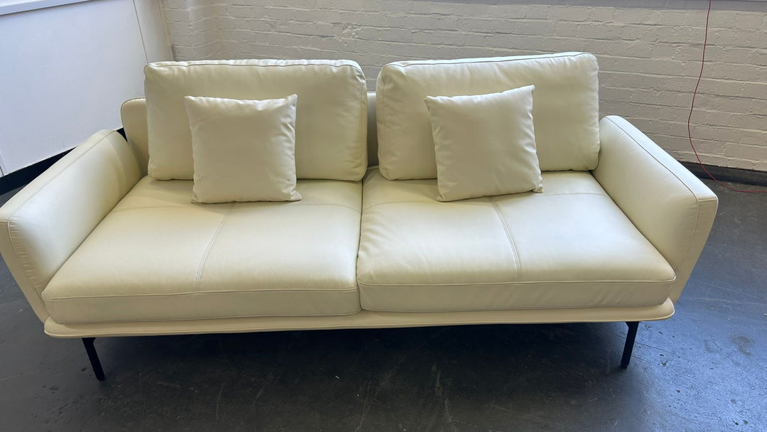 3 Seater Sofa White Leather - W 220 cm x D 98 cm x H 87 cm