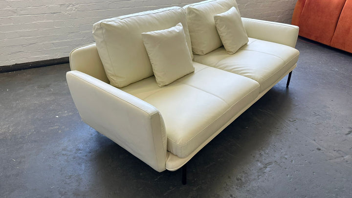 3 Seater Sofa White Leather - W 220 cm x D 98 cm x H 87 cm