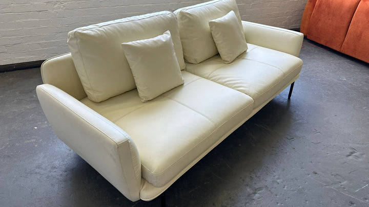 3 Seater Sofa White Leather - W 220 cm x D 98 cm x H 87 cm