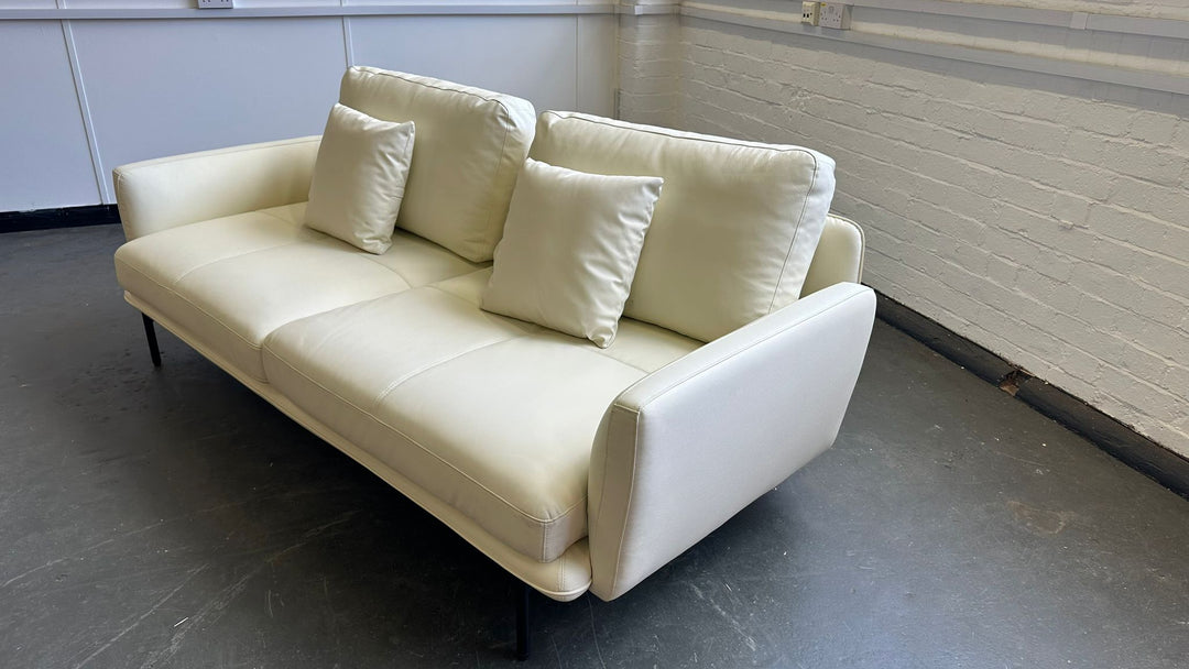 3 Seater Sofa White Leather - W 220 cm x D 98 cm x H 87 cm